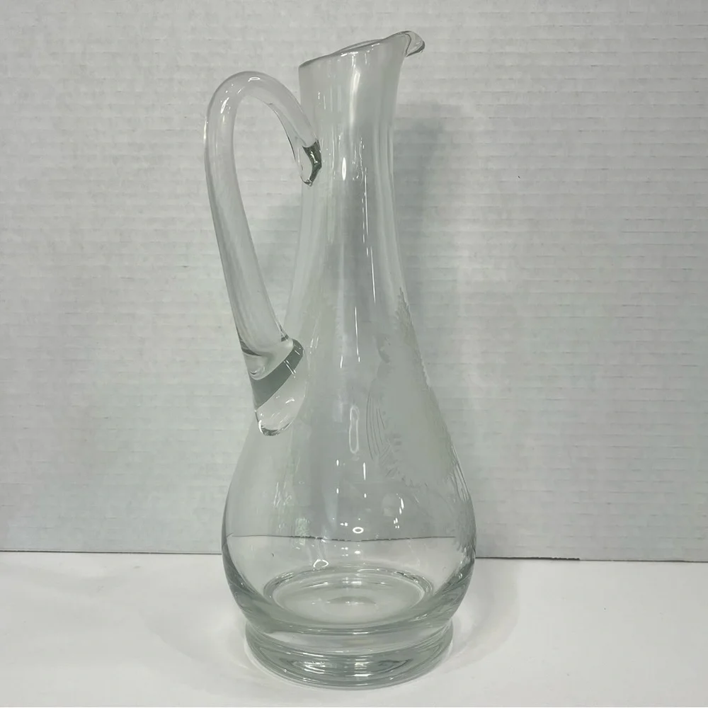 Etched Clear Glass Long Neck Bar Carafe 11” Owl Tree Branch Elegant Barware